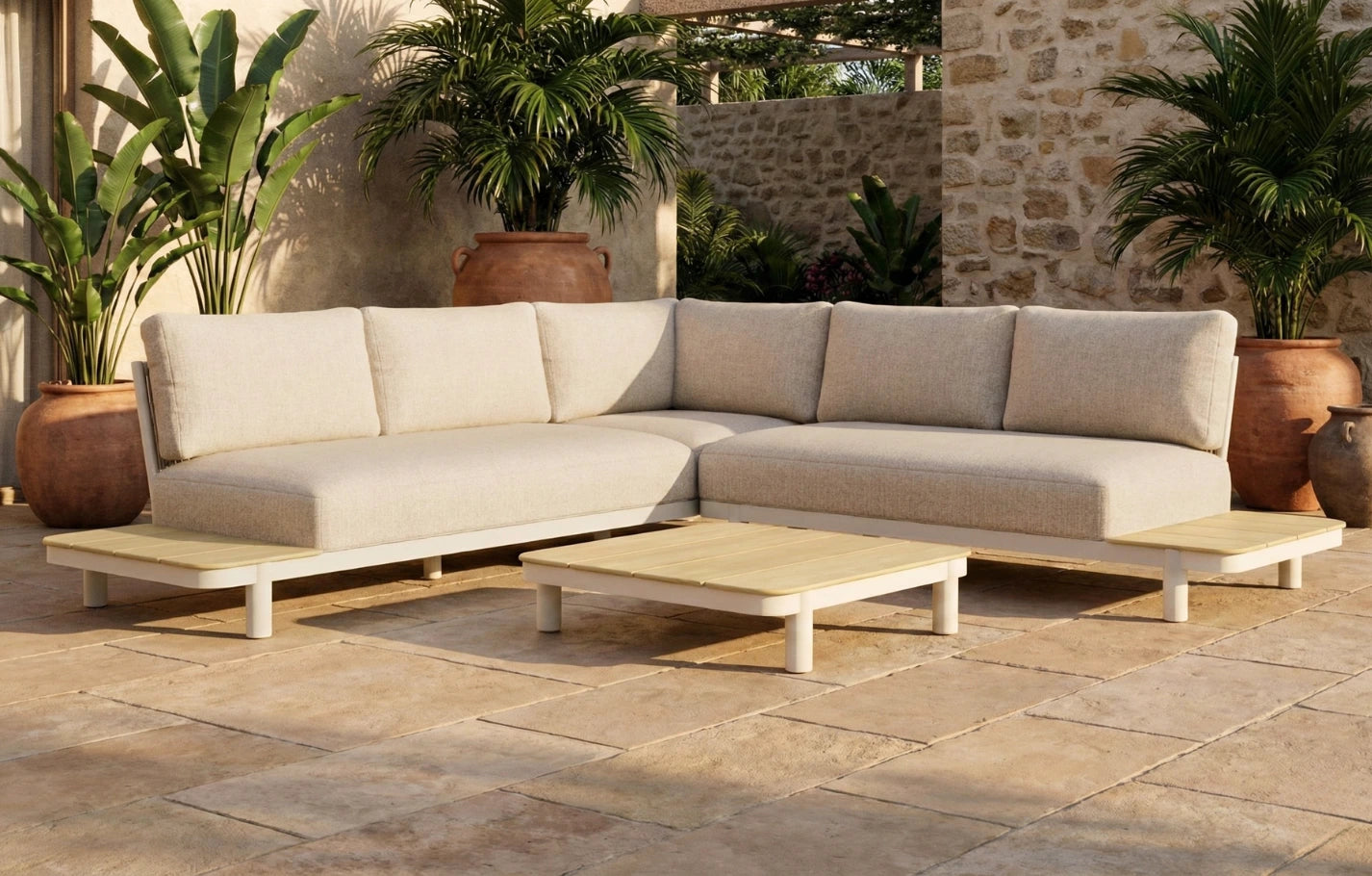 Mira 5-Seater L-Shaped Aluminium & Teak Corner Garden Lounge Set